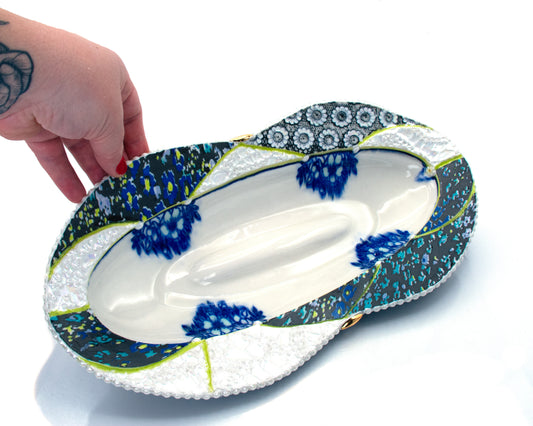 Blue Floral and Lace Oval Dish Platter