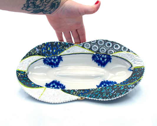 Blue Floral and Lace Oval Dish Platter