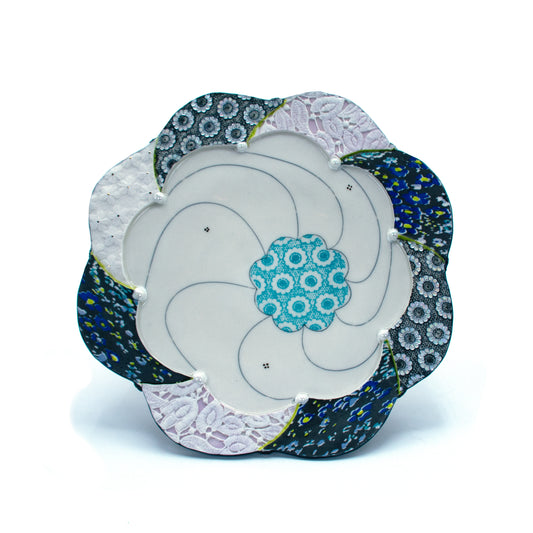 Blue Floral and Lace Quilted Scallop Platter