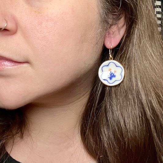 Blue Floral Plate Earrings