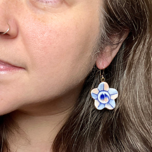 Drippy Blue Floral Plate Earrings