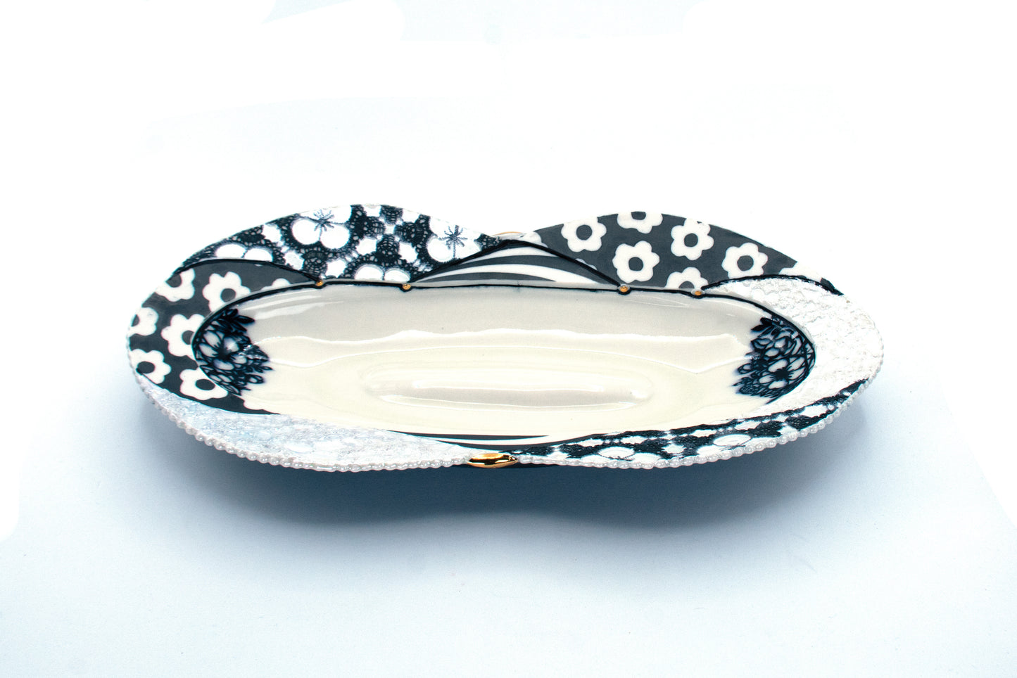 Black and White Floral and Lace Oval Platter